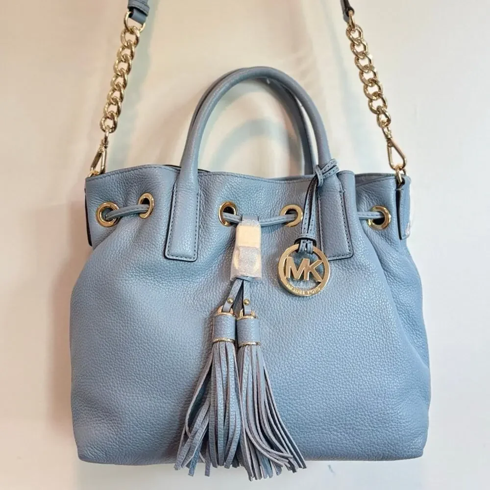Michael Kors Camden Medium Drawstring Satchel Powder Blue Pebbled Leather Bag